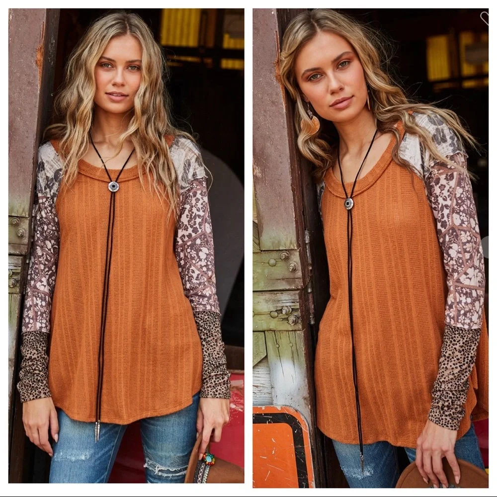 Alison  Mixed Print Contrast boho chic sleeve top - Picture 6 of 6